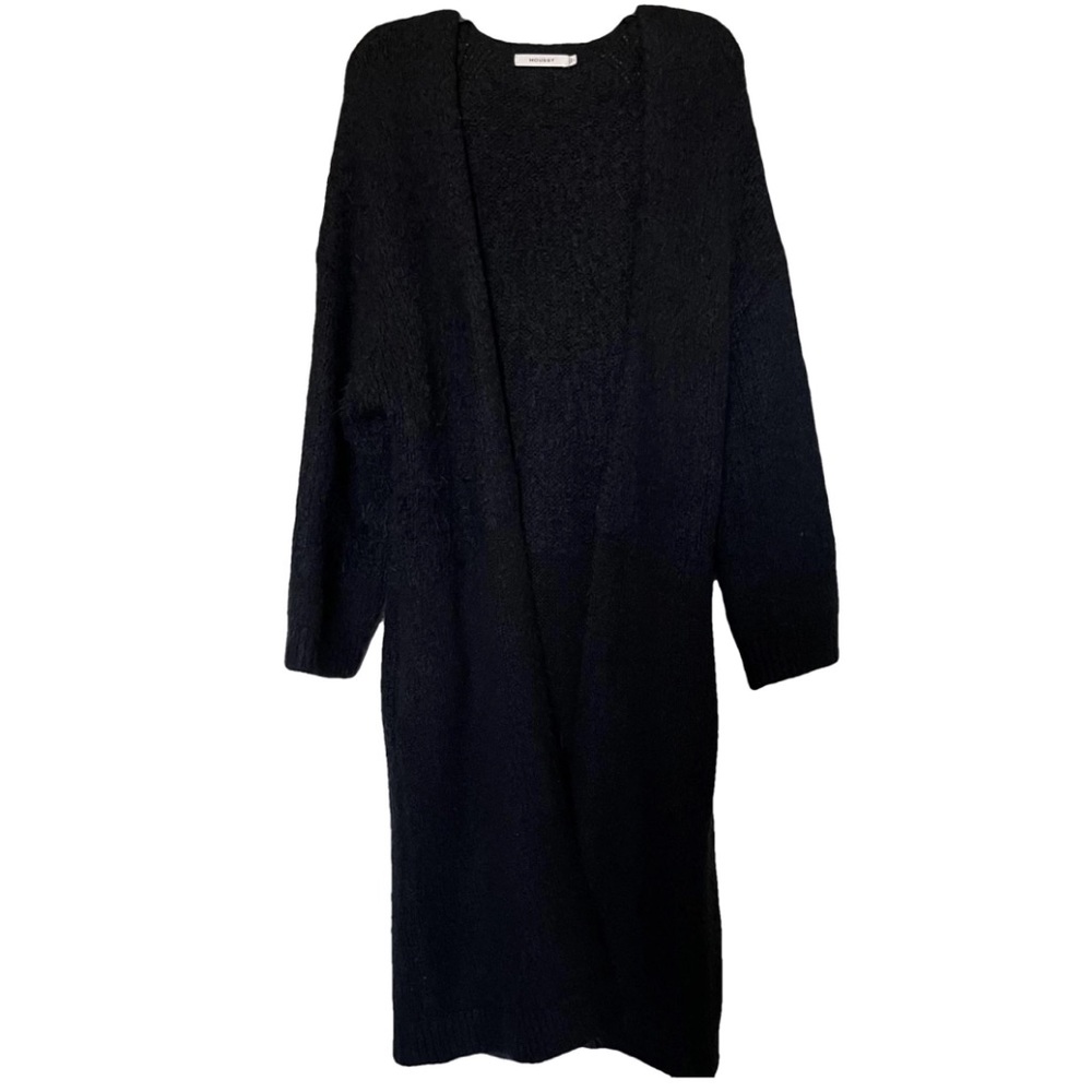 MOUSSY Longline Black Fuzzy Cardigan Coat with Pockets One Size
